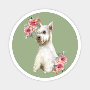 Cute White Schnauzer with Flowers Watercolor Art Magnet